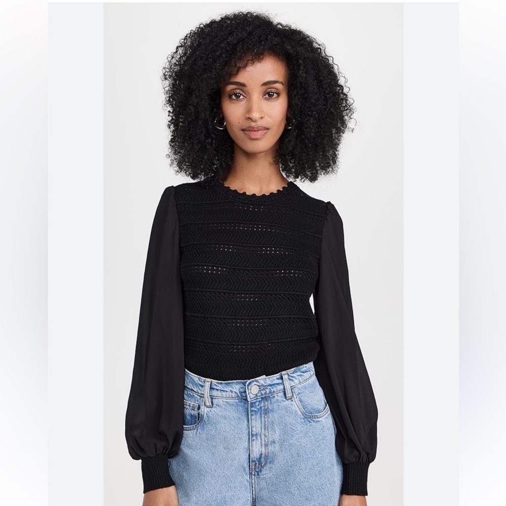A394 BANJANAN Rosie Crochet Mix Crew Neck Black Cashmere Wool blend Sz M